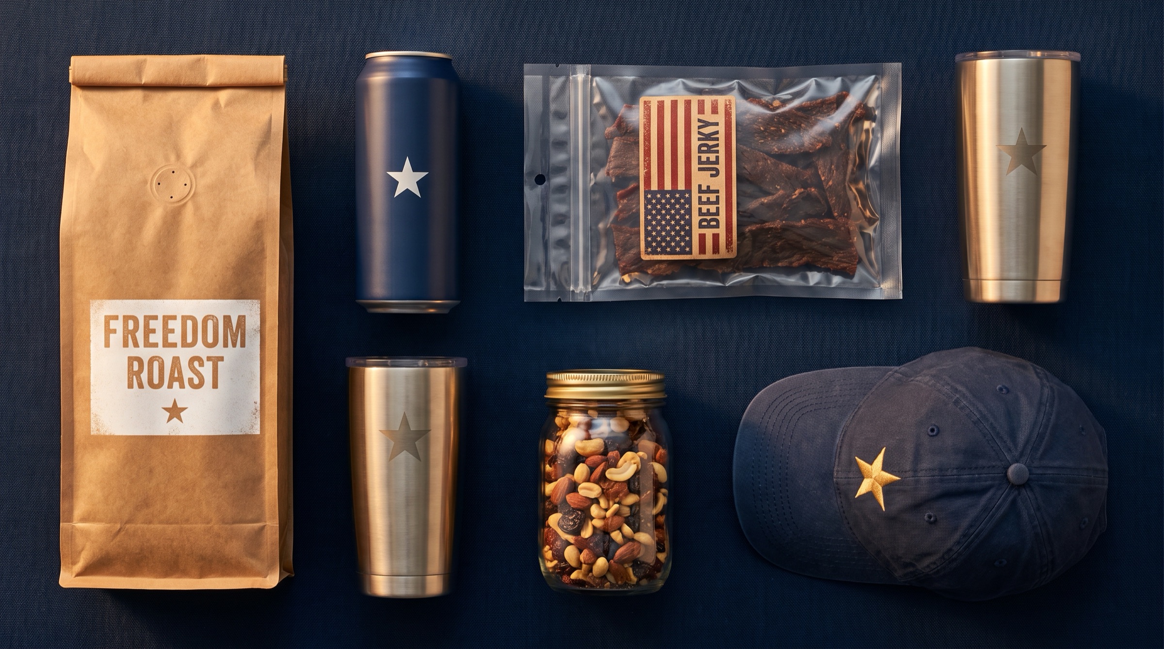 Flat lay of fictional patriotic consumer products on navy fabric